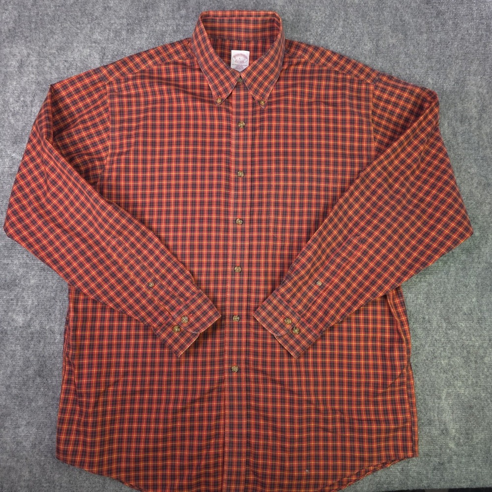 Brooks Brothers Shirt Large Non Iron Red / Orange Check Long Sleeve Button Down